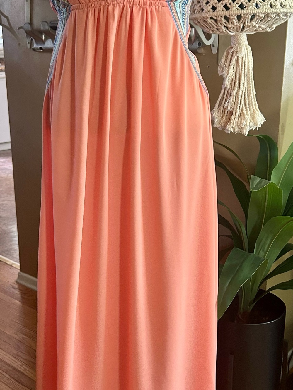 Strapless Coral Dress with Multicolor Embroidered V-Neck - Picture 3 of 11